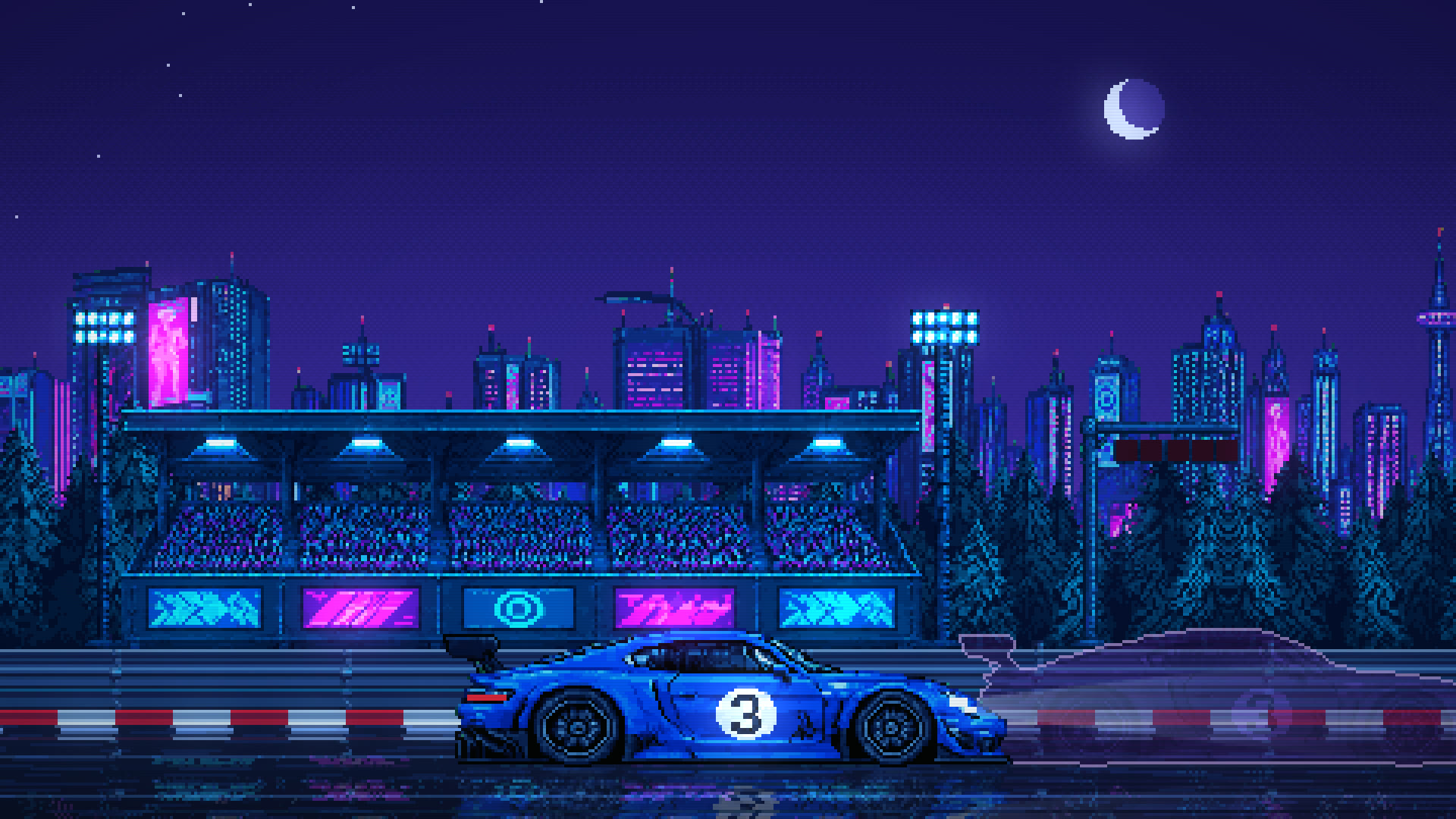 16-bit pixel art: a blue race car on a wet circuit at night with its ghost lap behind it, a grandstand and a neon city skyline beyond